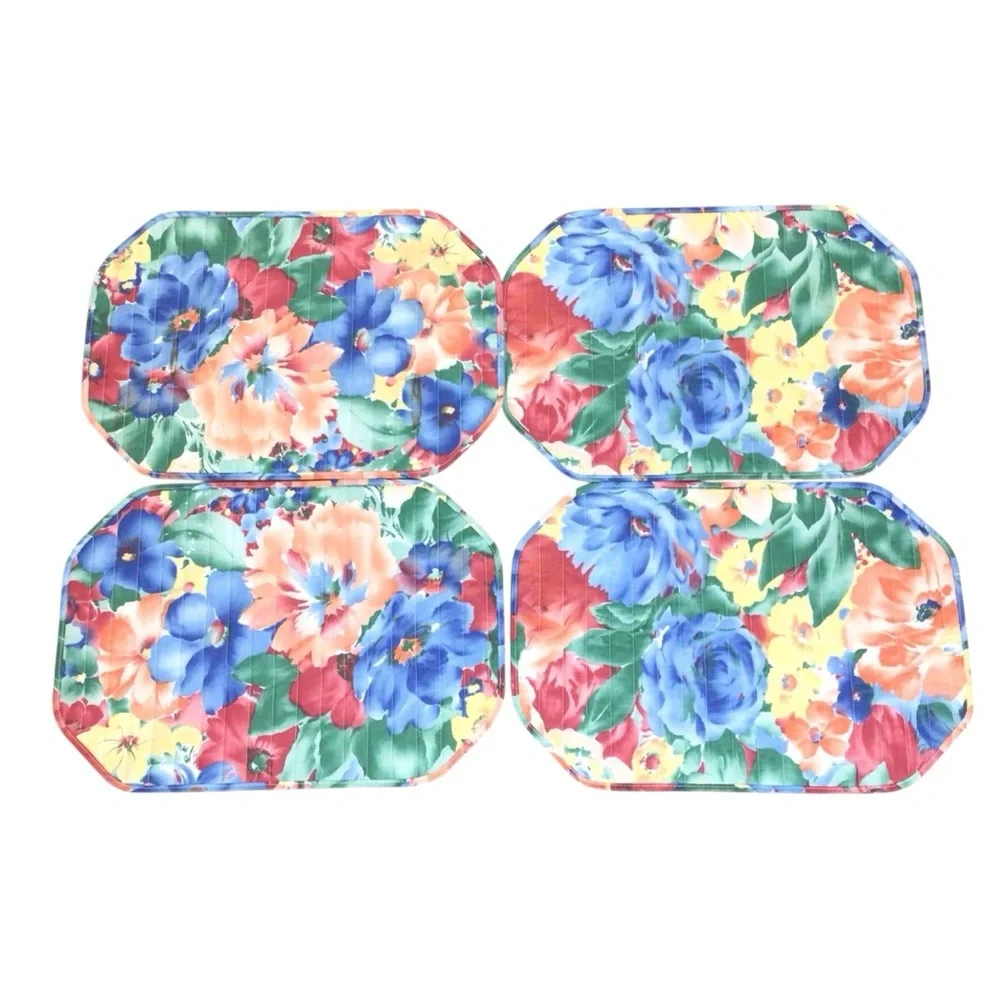 Vintage 80s Reversible Floral Plaid Placemats Set of 8 Quilted Cottagecore